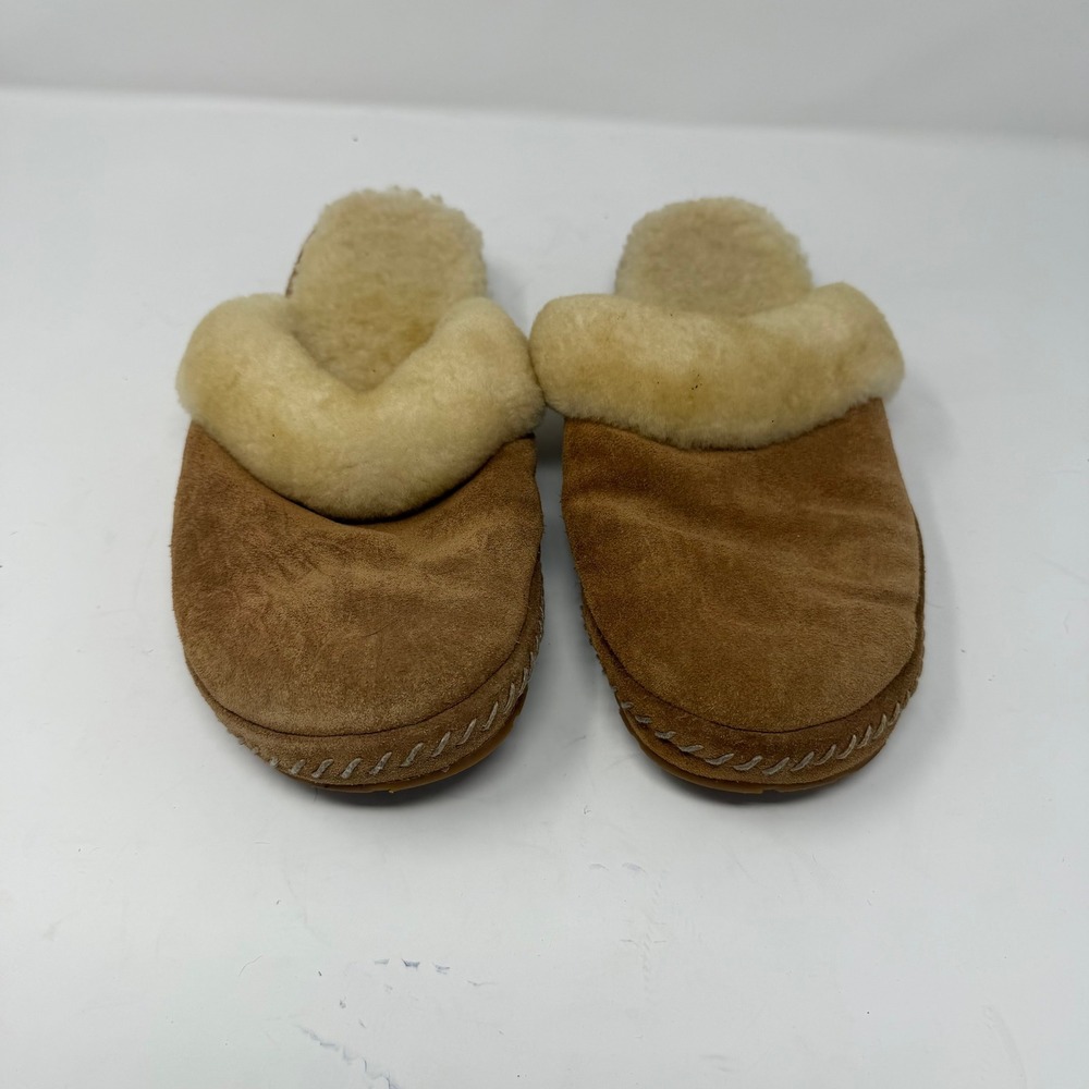 LL Bean Slip on Slide Slipper Scuff Shearling Suede Brown Womens Size 10